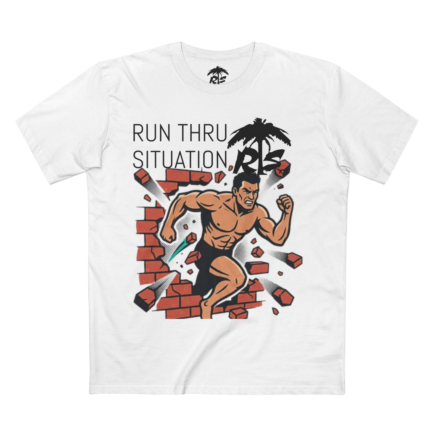 Run Thru Situation Graphic Tee — Retro Muscle Man Breaking Brick Wall T-Shirt