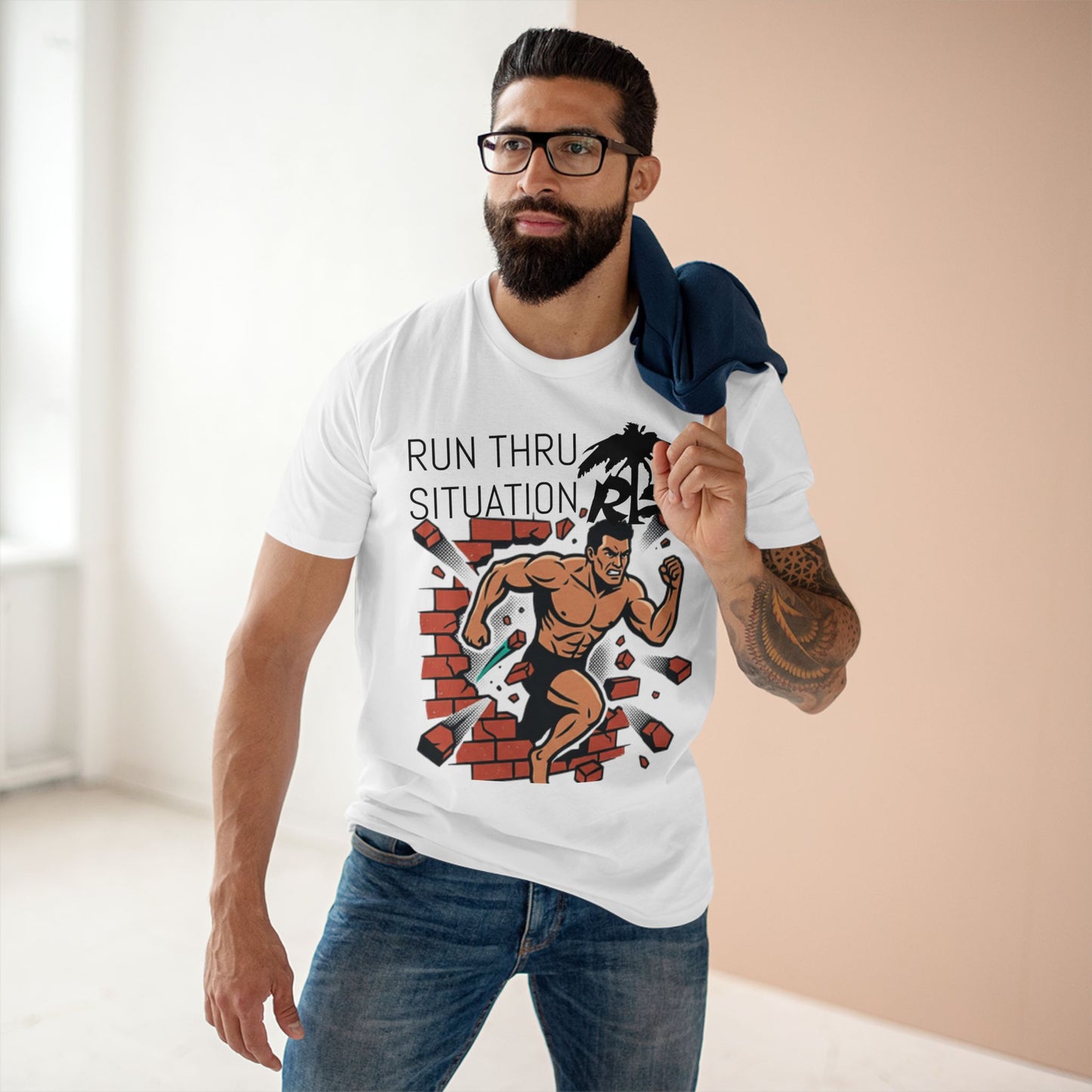 Run Thru Situation Graphic Tee — Retro Muscle Man Breaking Brick Wall T-Shirt