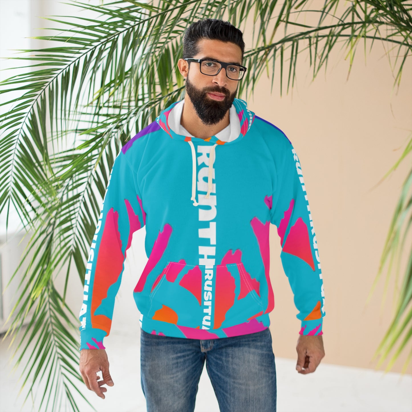 Abstract Neon Wave Hoodie — Bold Cyan Pink All-Over Print Pullover