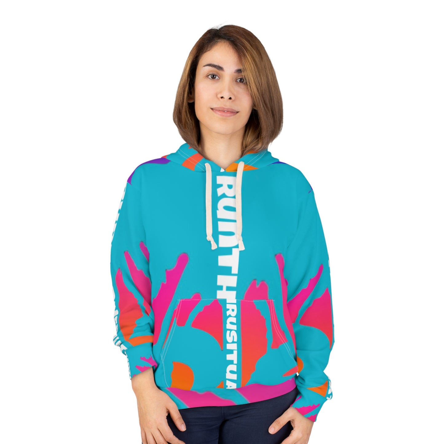Abstract Neon Wave Hoodie — Bold Cyan Pink All-Over Print Pullover
