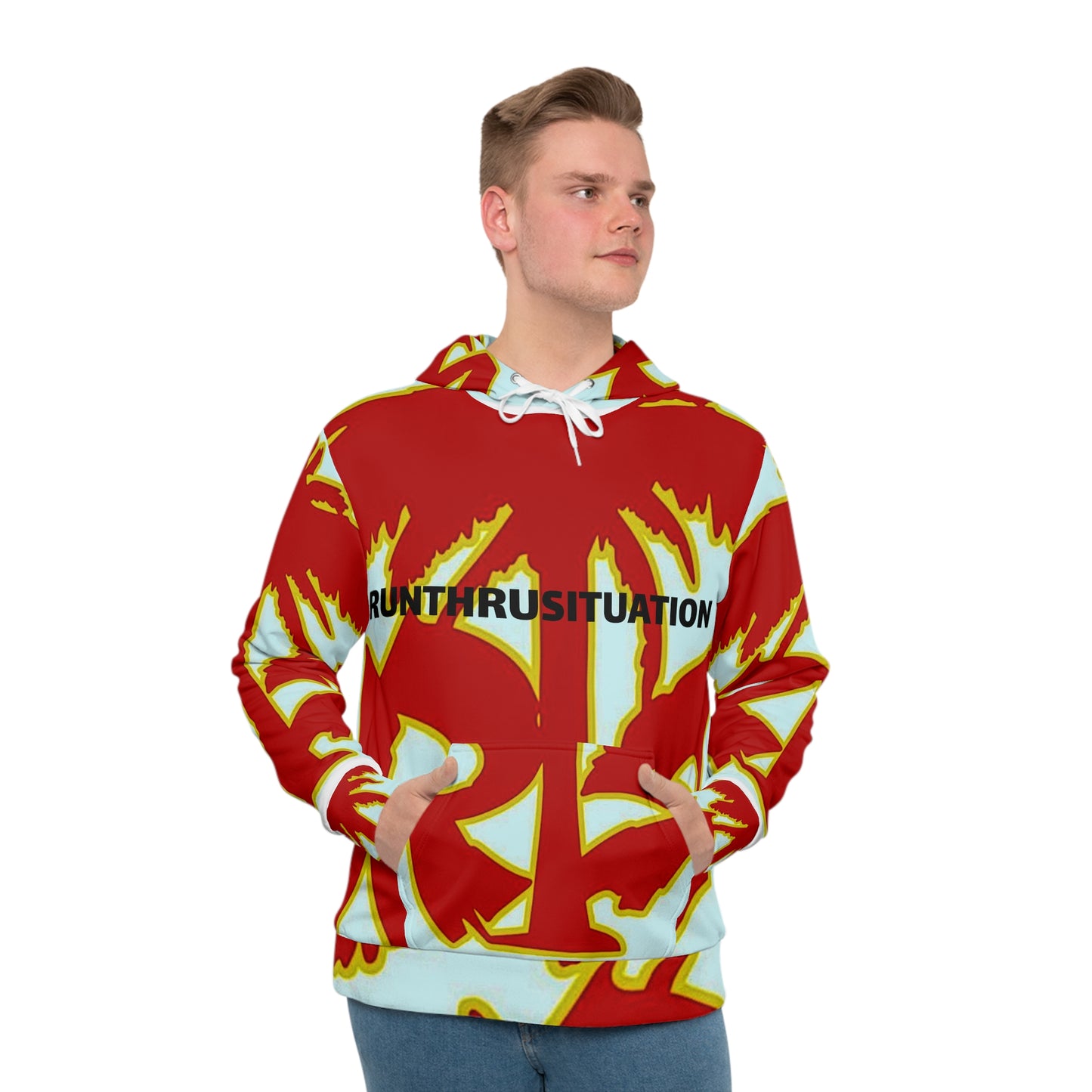 Bold Red Graffiti Hoodie – "Run Thrust Vutation" All-Over Print