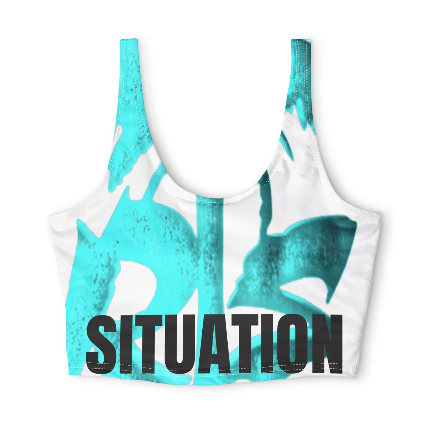 Turquoise Graffiti "SITUATION" Sports Bra — Trendy Crop Athletic Top