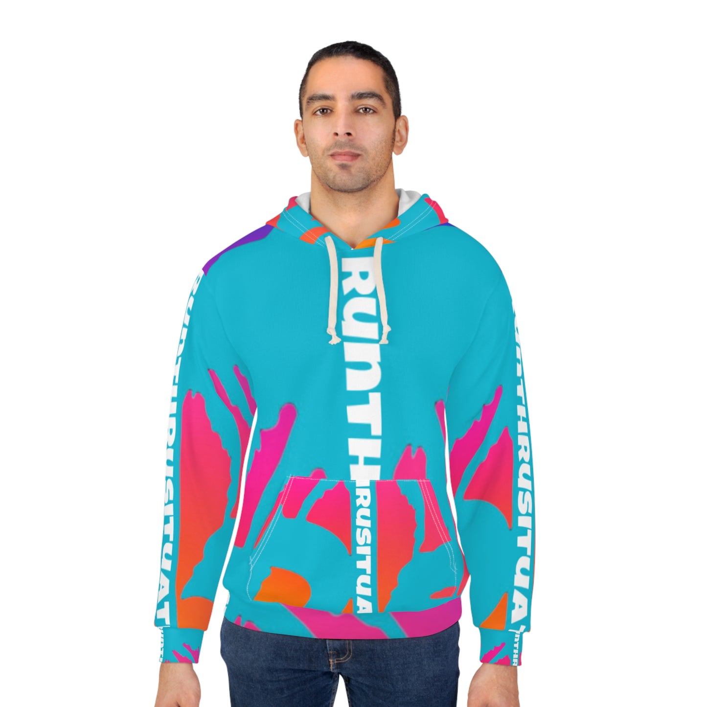Abstract Neon Wave Hoodie — Bold Cyan Pink All-Over Print Pullover