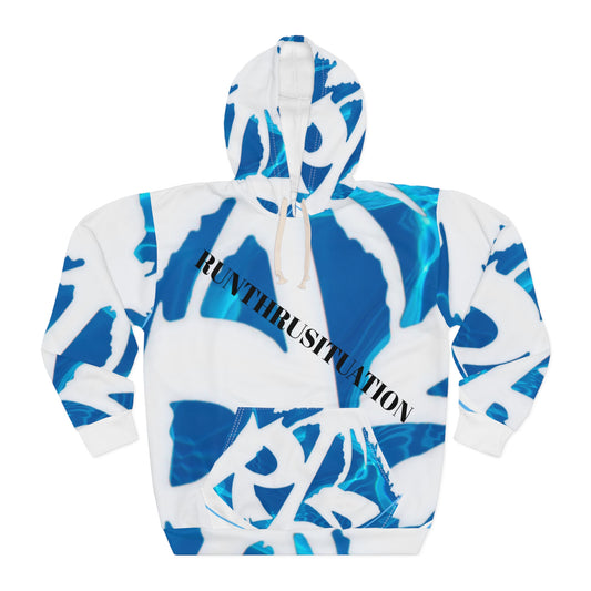 Graffiti Blue All-Over Print Hoodie — 'RUNTHRUSTINATION' Streetwear Pullover