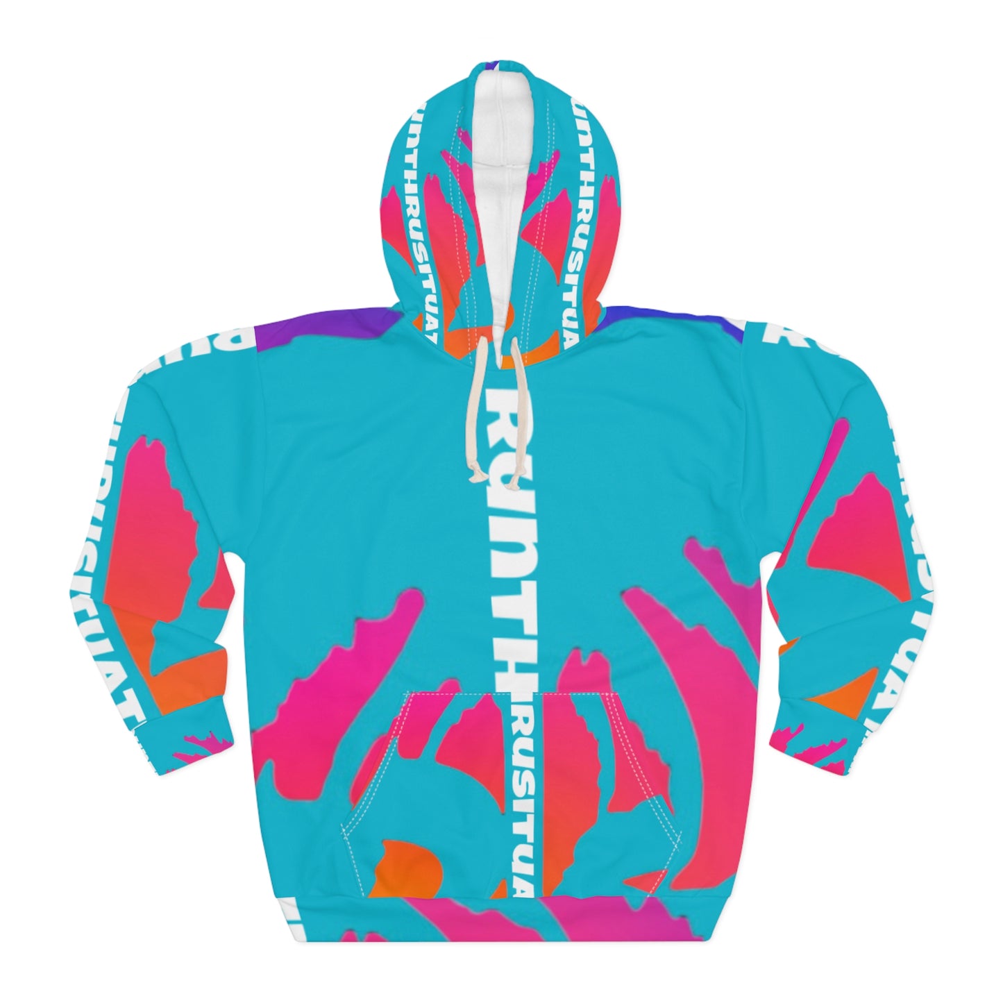 Abstract Neon Wave Hoodie — Bold Cyan Pink All-Over Print Pullover
