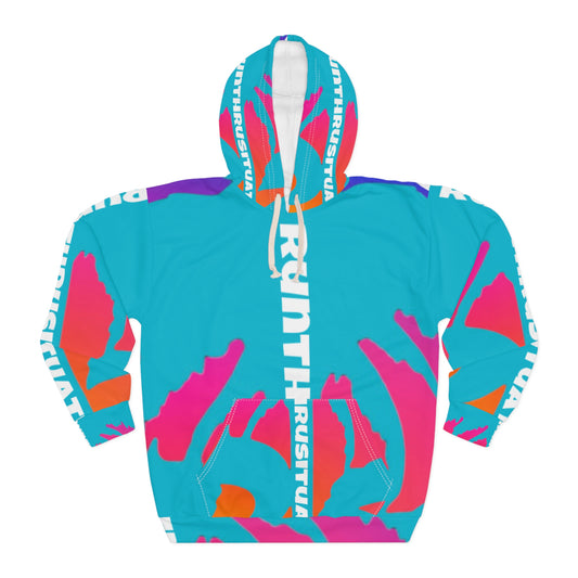 Abstract Neon Wave Hoodie — Bold Cyan Pink All-Over Print Pullover