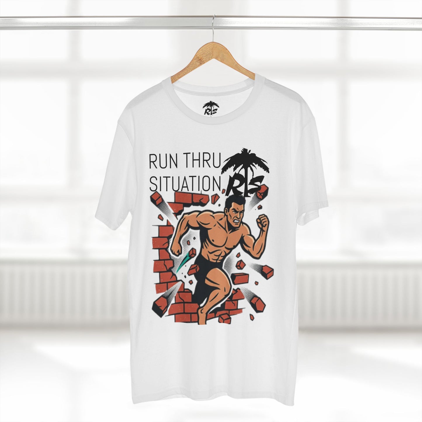 Run Thru Situation Graphic Tee — Retro Muscle Man Breaking Brick Wall T-Shirt